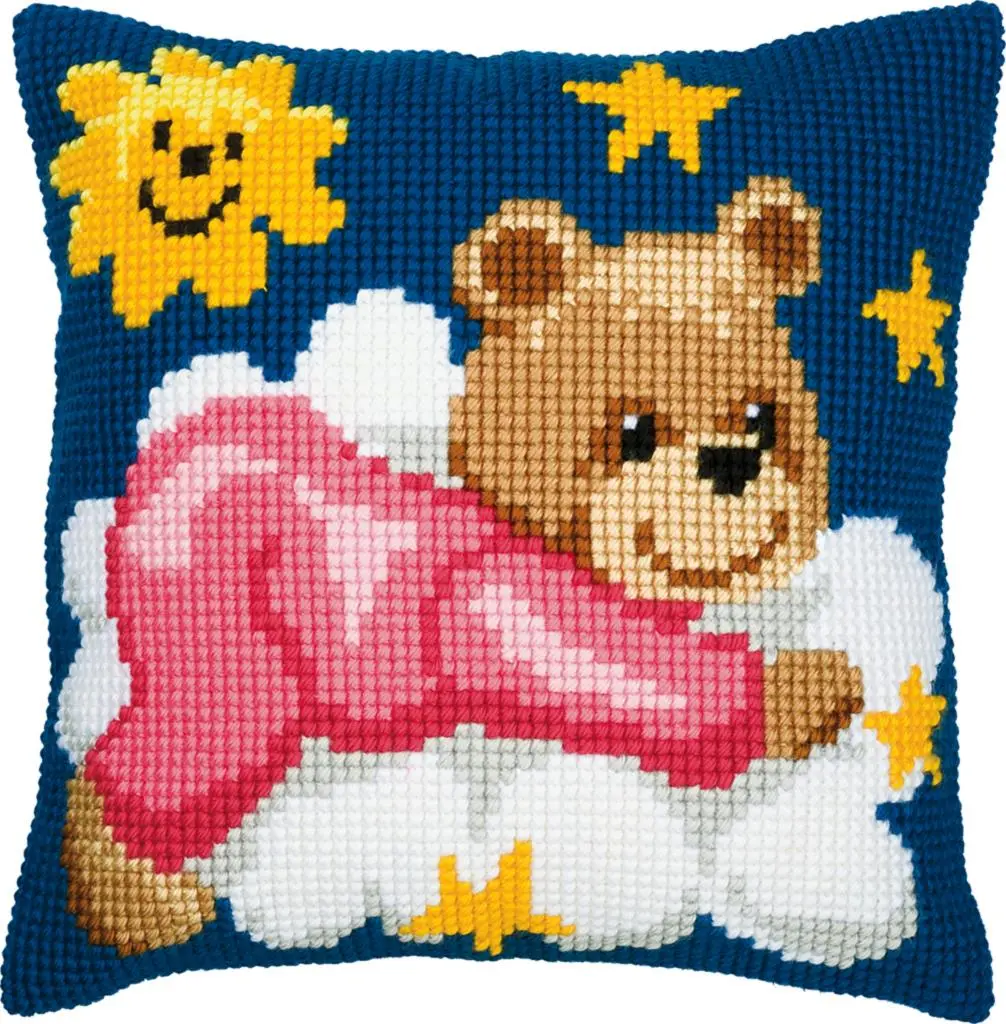 PN-0008574 Набір для вишивання хрестом (подушка) Vervaco Pink Nightime Bear Ведмедик у рожевому на хмаринці