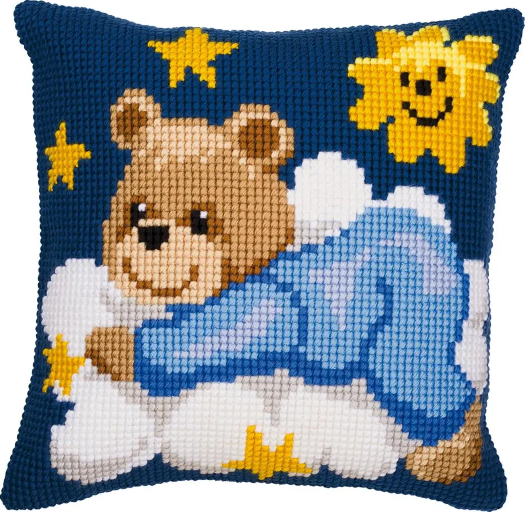 PN-0008573 Набір для вишивання хрестом (подушка) Vervaco Blue Nightime Bear Ведмедик у блакитному на хмаринці