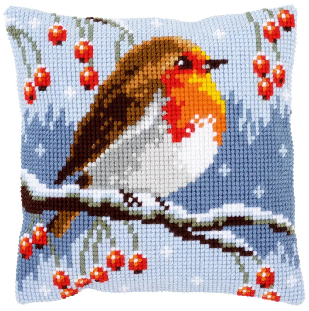 PN-0149810 Набір для вишивання хрестом (подушка) Vervaco Red robin in the winter Робін у зимовий період. Снігур 