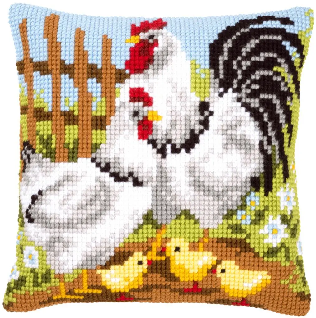 PN-0146209 Набір для вишивання хрестом (подушка) Vervaco Chicken family on a farm Куряча сімя на фермі