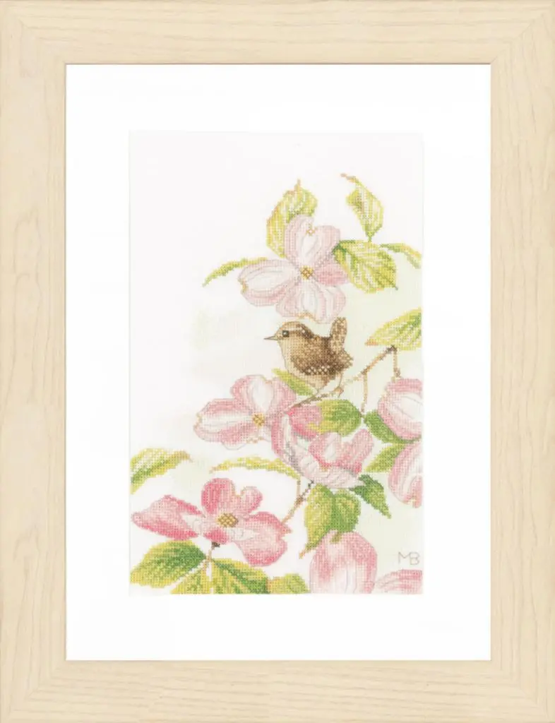 PN-0149990 Набір для вишивки хрестом Lanarte Pink flowers with a little bird Рожеві квіти з маленькой пташкой