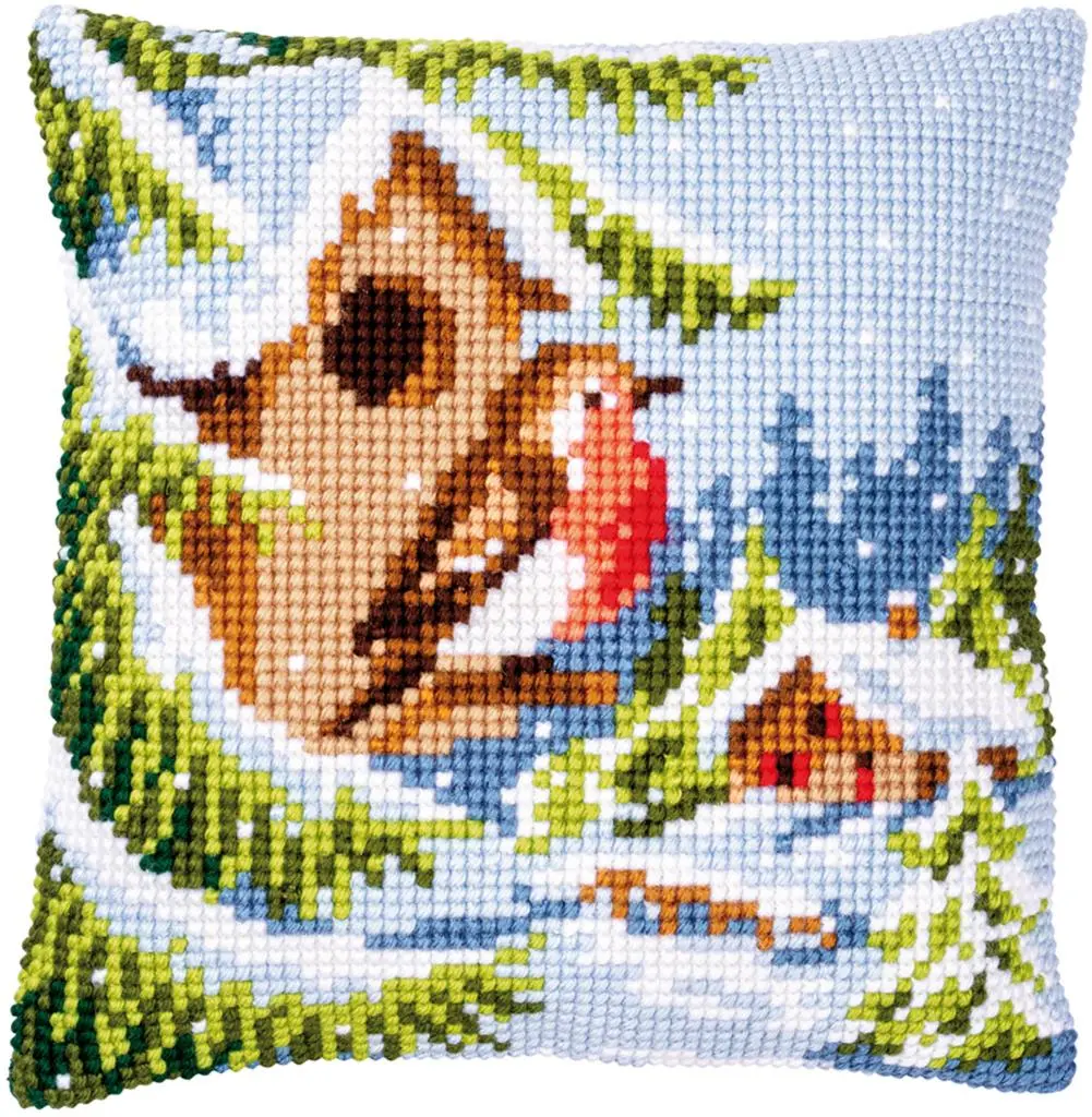 PN-0147171 Набір для вишивання хрестиком (подушка) Vervaco Robin in winter Снігур зимою