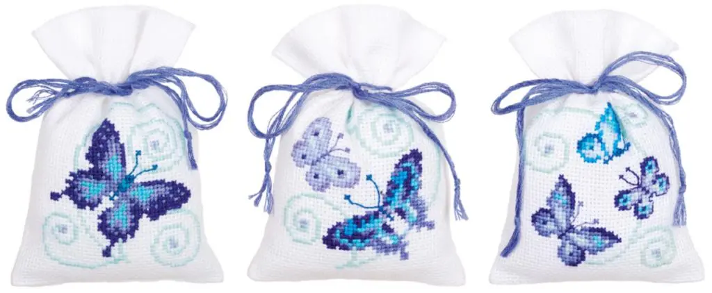 PN-0146430 Набір для вишивання хрестиком (мішок) Vervaco Blue Butterflies Bags, 3 по 8х12, аїда 18.